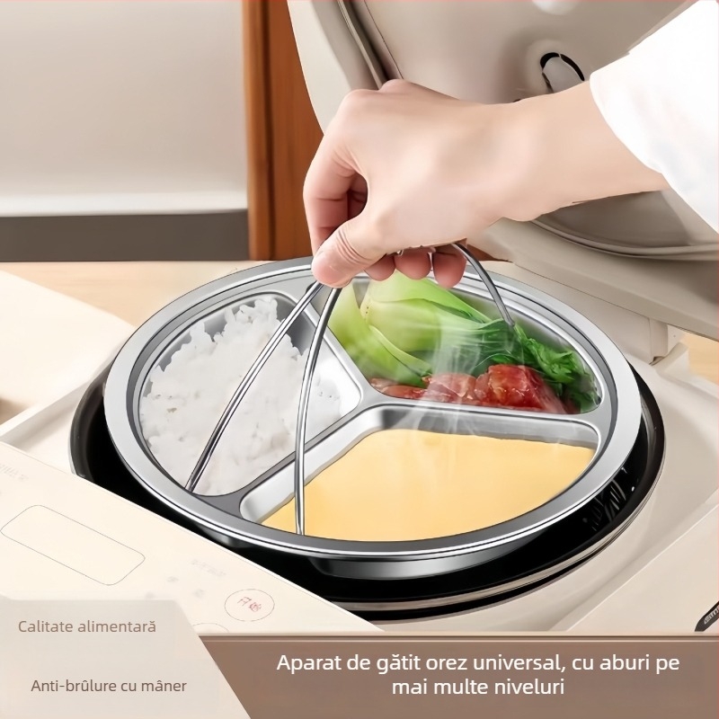 Tavă de abur cu trei compartimente, din oțel inoxidabil alimentar, rotundă, cu mâner, pentru oală de gătit orez