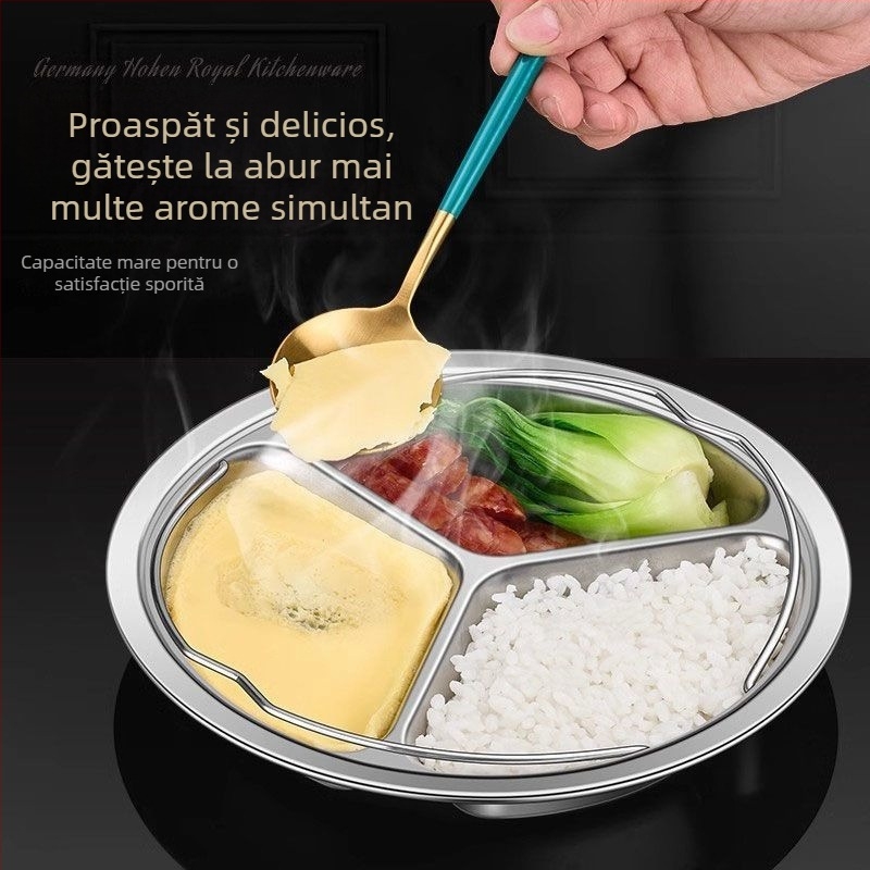 Tavă de abur cu trei compartimente, din oțel inoxidabil alimentar, rotundă, cu mâner, pentru oală de gătit orez