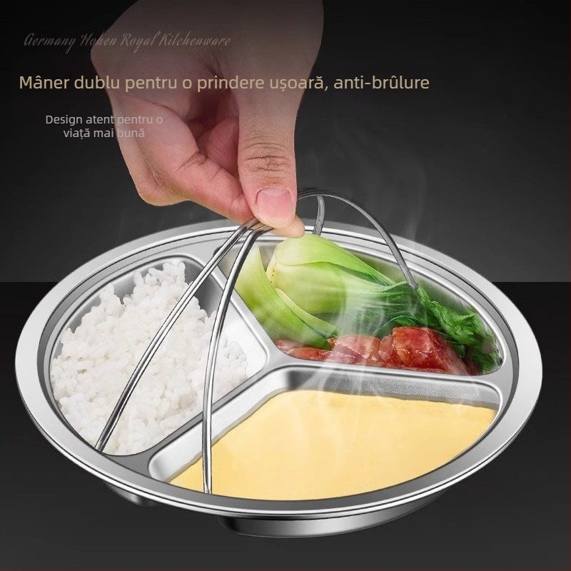Tavă de abur cu trei compartimente, din oțel inoxidabil alimentar, rotundă, cu mâner, pentru oală de gătit orez