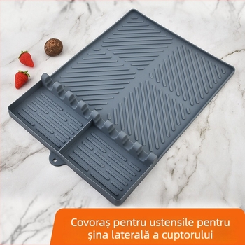 Covoraș din silicon pentru grătar cu suport lateral, protecție pentru tigaie, spațiu de depozitare pentru vase și covor de drenaj pentru ustensilele de grătar