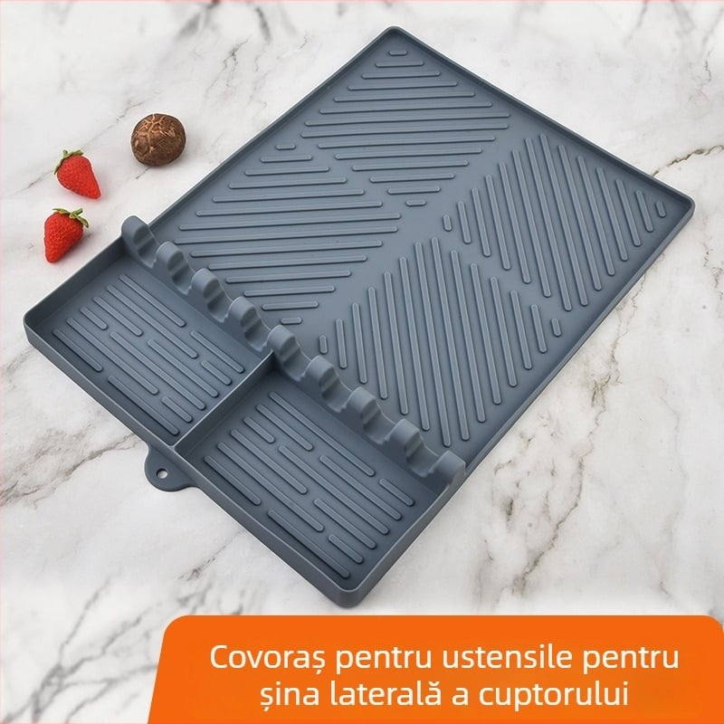 Covoraș din silicon pentru grătar cu suport lateral, protecție pentru tigaie, spațiu de depozitare pentru vase și covor de drenaj pentru ustensilele de grătar