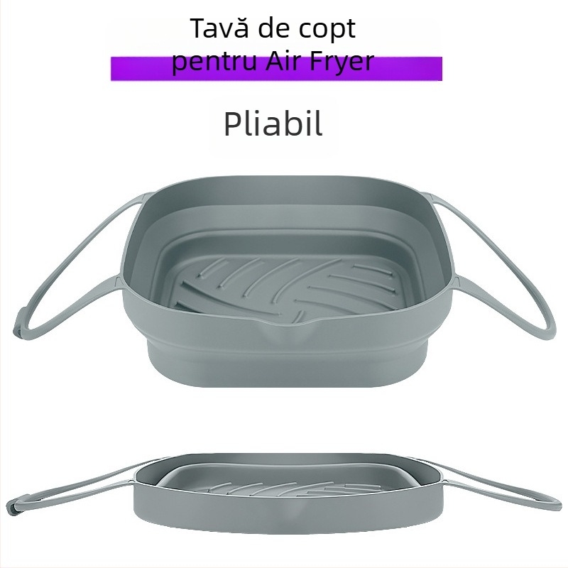 Tavă pliabilă din silicon, pătrată, pentru friteuza cu aer, cu două mâneri — tavă de coacere, coș de prăjit, covoraș de copt, formă de copt