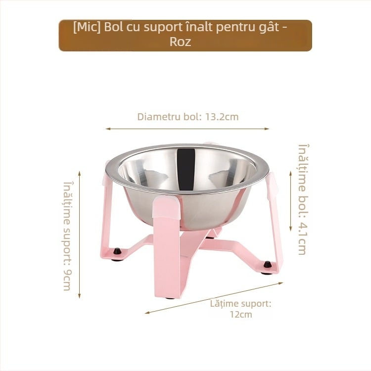 Vas pentru pisici din oțel inoxidabil, cu bază tripod și protecție pentru gât