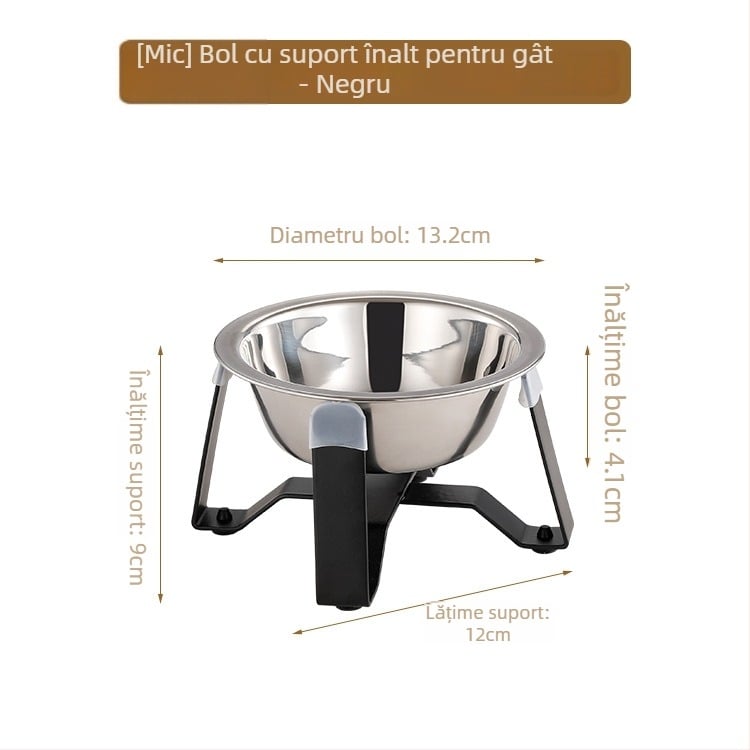 Vas pentru pisici din oțel inoxidabil, cu bază tripod și protecție pentru gât