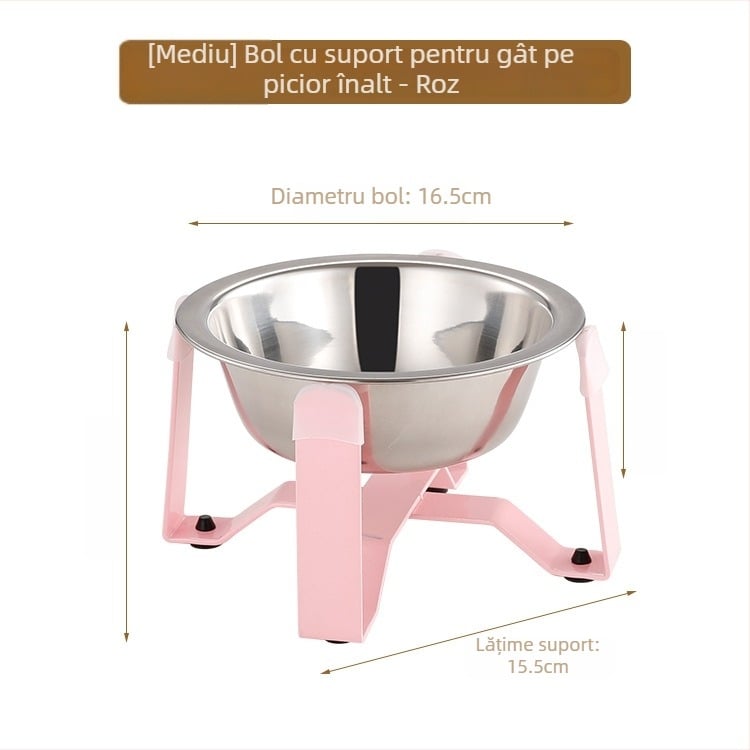 Vas pentru pisici din oțel inoxidabil, cu bază tripod și protecție pentru gât