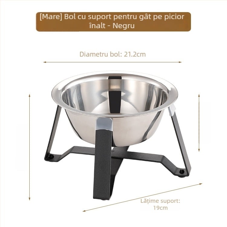 Vas pentru pisici din oțel inoxidabil, cu bază tripod și protecție pentru gât