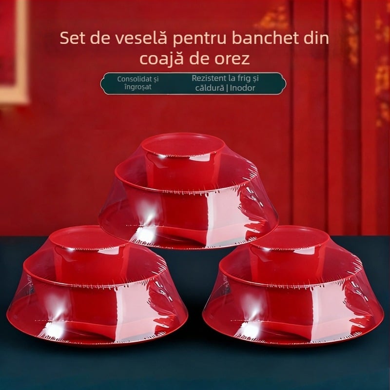 Set de veselă de unică folosință pentru banchetul de nuntă: boluri roșii pentru orez și boluri pentru supă dulce, plastic, grosime 2 mm