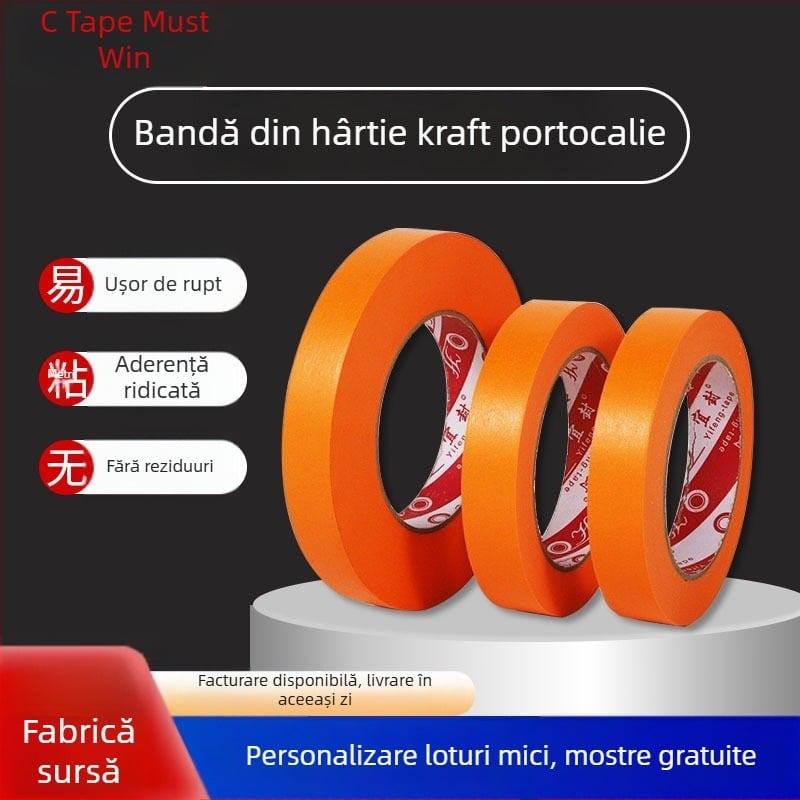 Bandă portocalie de mascare din hârtie washi, cu aderență înaltă, pentru podele epoxidice și lipirea pereților cortină, rolă 50 m