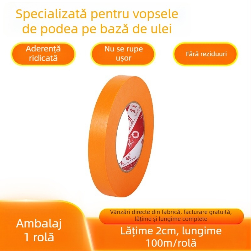 Bandă portocalie de mascare din hârtie washi, cu aderență înaltă, pentru podele epoxidice și lipirea pereților cortină, rolă 50 m