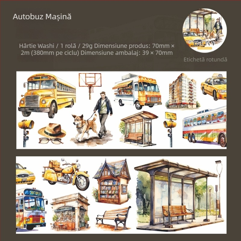 Bandă Washi Beautiful Day: Serie de scene urbane cu mașini pentru planner/jurnal – decor DIY și colaj