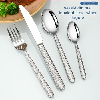 Set tacâmuri din oțel inoxidabil 430, mâner fagure, placare cu titan – cuțit, furculiță și lingură, relief vintage