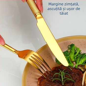 Set tacâmuri din oțel inoxidabil 430, mâner fagure, placare cu titan – cuțit, furculiță și lingură, relief vintage