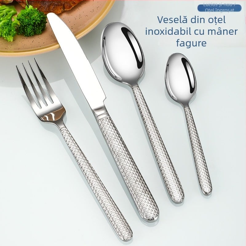 Set tacâmuri din oțel inoxidabil 430, mâner fagure, placare cu titan – cuțit, furculiță și lingură, relief vintage