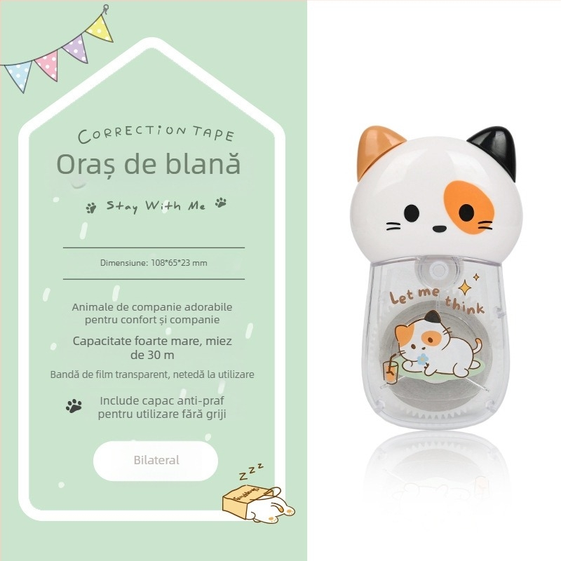 Bandă de corecție cu temă de pisică din seria Hairball Town, 30 m, capacitate mare, design stilat, rechizite școlare esențiale pentru elevi