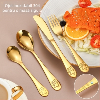 Set de tacâmuri pentru copii din oțel inoxidabil 304, cu design urs de desene animate — cuțit, furculiță, lingură și bețișoare pentru învățare