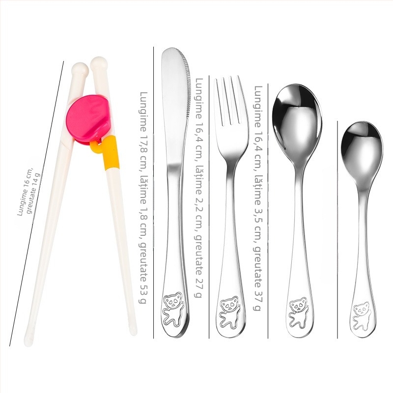 Set de tacâmuri pentru copii din oțel inoxidabil 304, cu design urs de desene animate — cuțit, furculiță, lingură și bețișoare pentru învățare