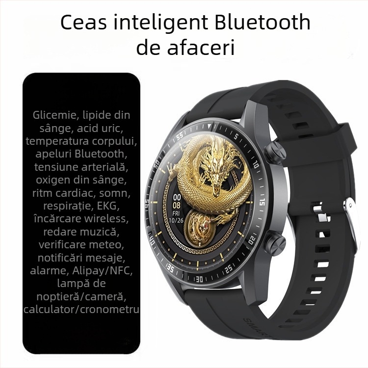 GT2 ceas inteligent NFC pentru controlul accesului, monitorizare glicemie și acid uric, apeluri Bluetooth, ritm cardiac, tensiune arterială, oxigen în sânge și lipide din sânge