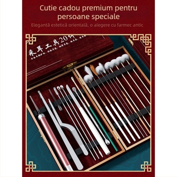 Set profesional de curățare a urechilor, 20 de piese, în cutie din lemn, lampă de mână reîncărcabilă, lingurițe pentru urechi din bambus, grafit metalic