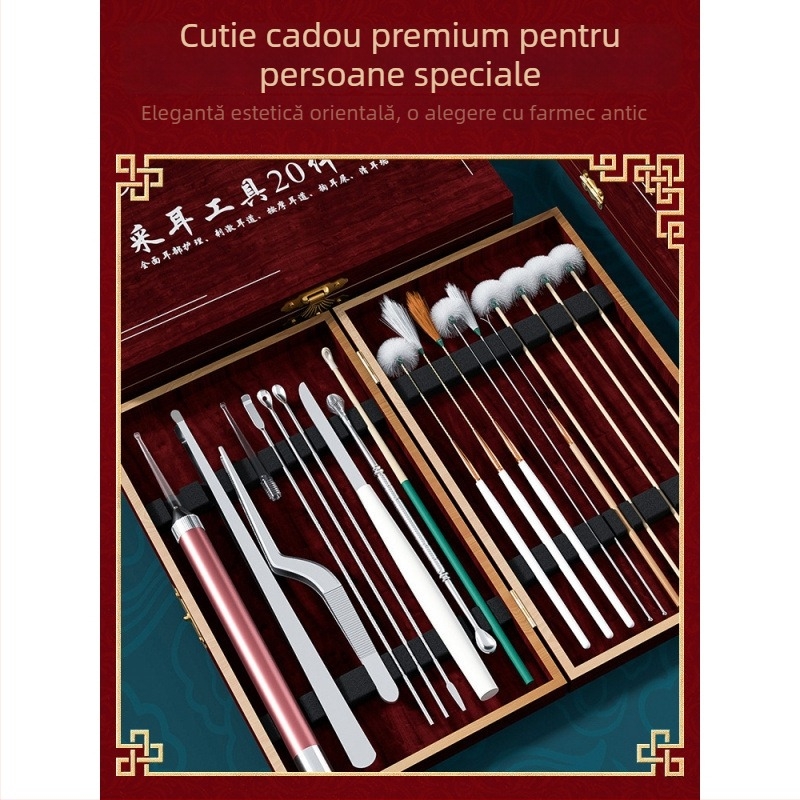 Set profesional de curățare a urechilor, 20 de piese, în cutie din lemn, lampă de mână reîncărcabilă, lingurițe pentru urechi din bambus, grafit metalic