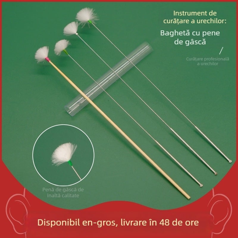 Set de instrumente pentru curățarea urechilor: ac de argint, bețișor cu pene de gâscă, bețișor cu pene de găină, bețișor din coadă de cal și linguriță pentru curățarea urechilor