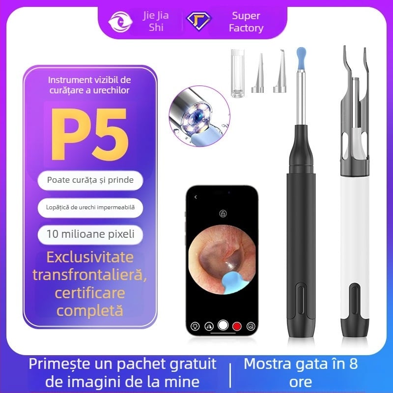 Lingură vizuală pentru urechi P5, cu conexiune Wi‑Fi, pensete și vârf iluminat, pentru uz casnic