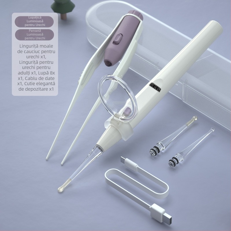 Unealtă de curățare a urechilor din silicon cu lumină, vârf moale, pentru sugari și copii, pensetă sigură cu ajutor vizual