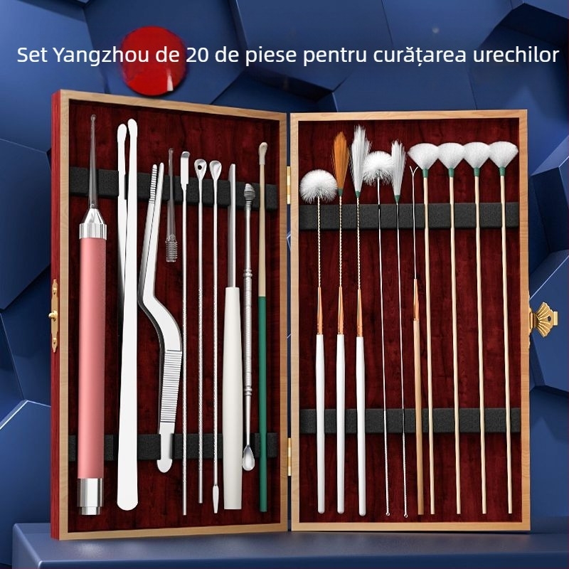 Set de instrumente pentru curățarea urechilor, lingurițe din oțel inoxidabil – kit profesional, iluminat, complet