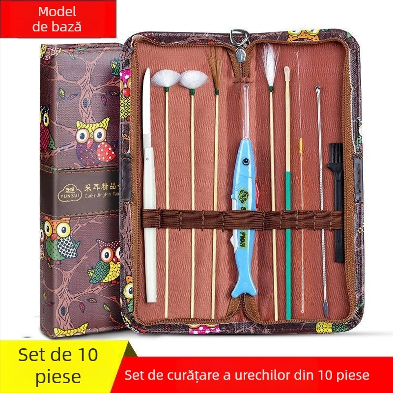 Set de instrumente pentru curățarea urechilor, lingurițe din oțel inoxidabil – kit profesional, iluminat, complet