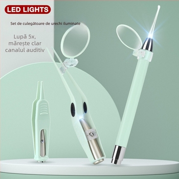 Lingură metalică pentru urechi cu lumină pentru copii, set de curățare a urechilor, verde