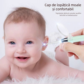 Lingură metalică pentru urechi cu lumină pentru copii, set de curățare a urechilor, verde