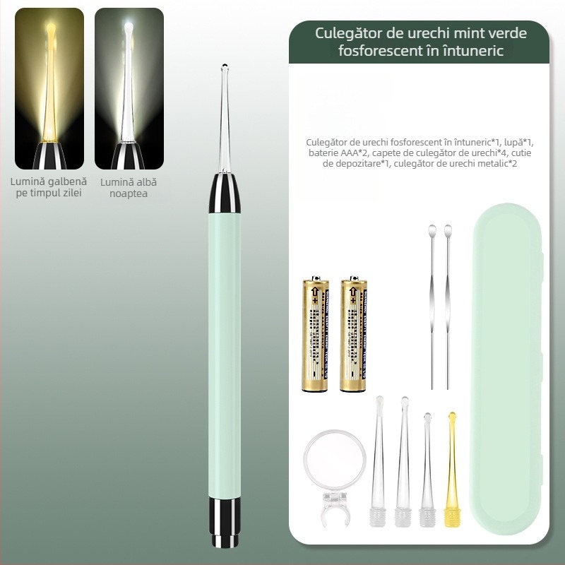 Lingură metalică pentru urechi cu lumină pentru copii, set de curățare a urechilor, verde