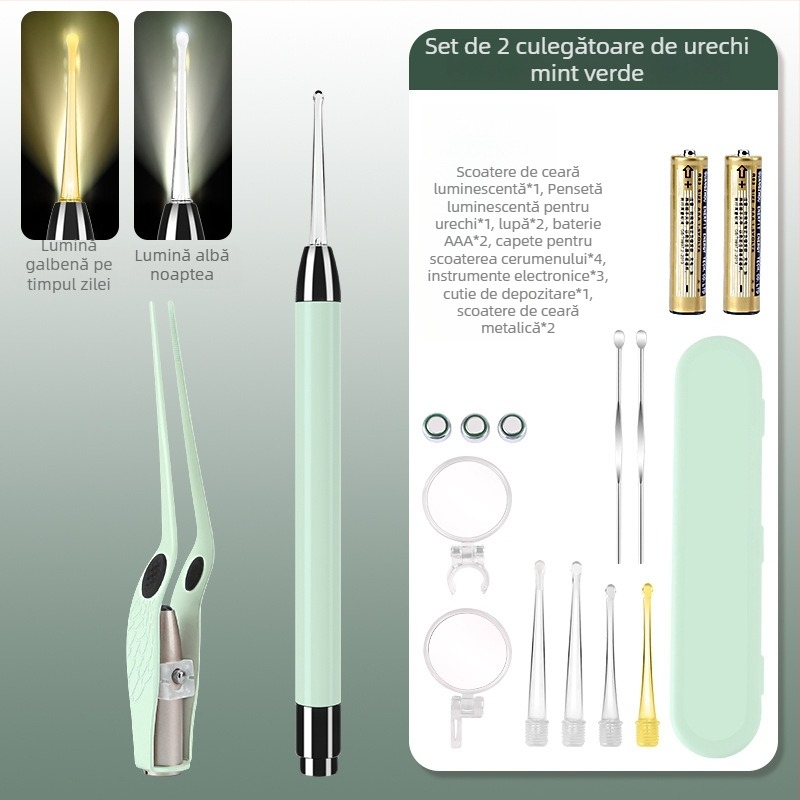 Lingură metalică pentru urechi cu lumină pentru copii, set de curățare a urechilor, verde