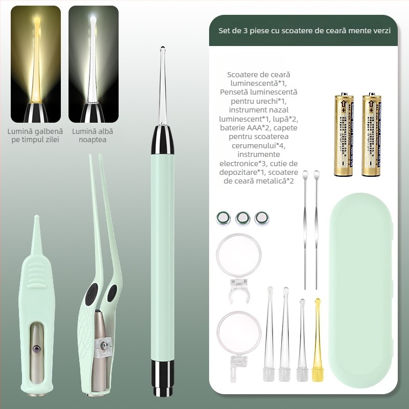 Lingură metalică pentru urechi cu lumină pentru copii, set de curățare a urechilor, verde
