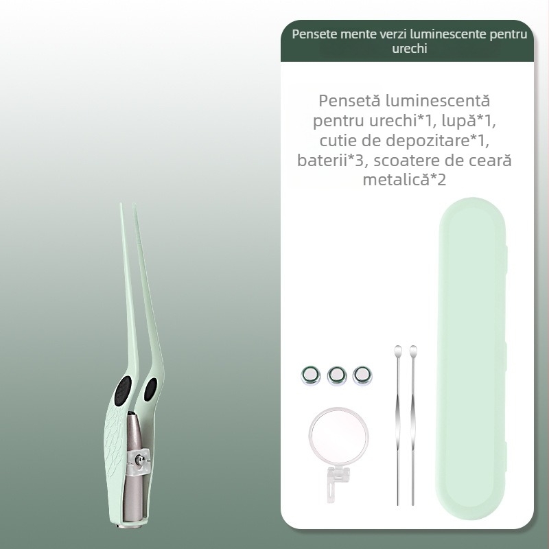 Lingură metalică pentru urechi cu lumină pentru copii, set de curățare a urechilor, verde