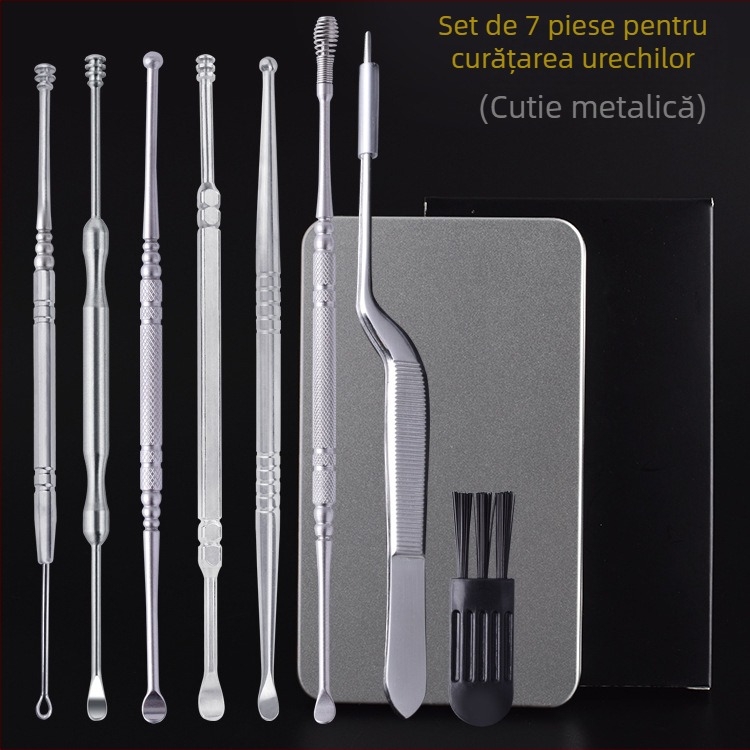 Set din oțel inoxidabil, șapte piese pentru curățarea urechilor, cu capete spiralate duble, argintiu