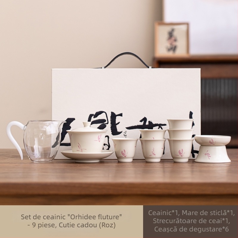 Set de ceai din porțelan Gongfu, ceainic și cești, design minimalist modern, cutie cadou premium