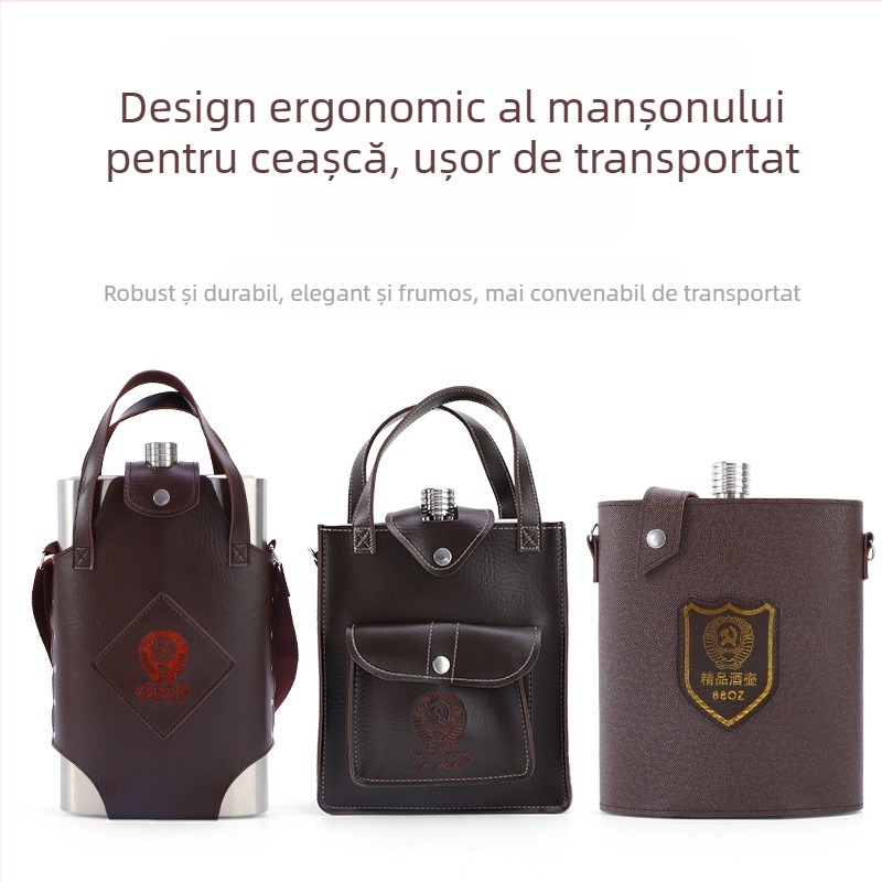 Sticlă mare de vin din oțel inoxidabil cu husă din piele – set portabil pentru mașină (0,5–5 kg)