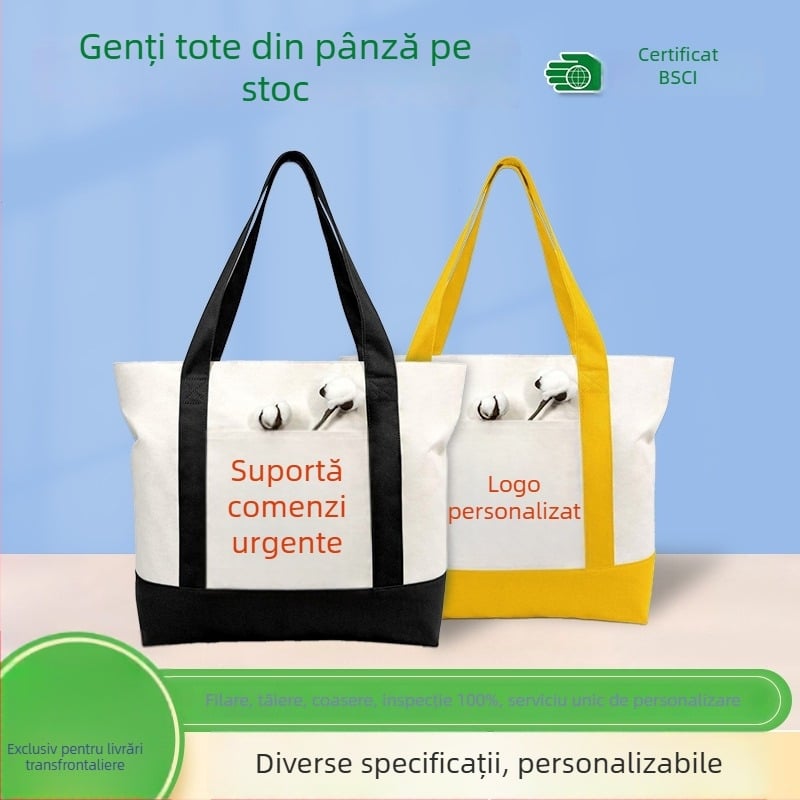 Geantă din pânză albă, în stoc, personalizabilă pentru mâner și umăr, imprimare a logo-ului pentru promovare.