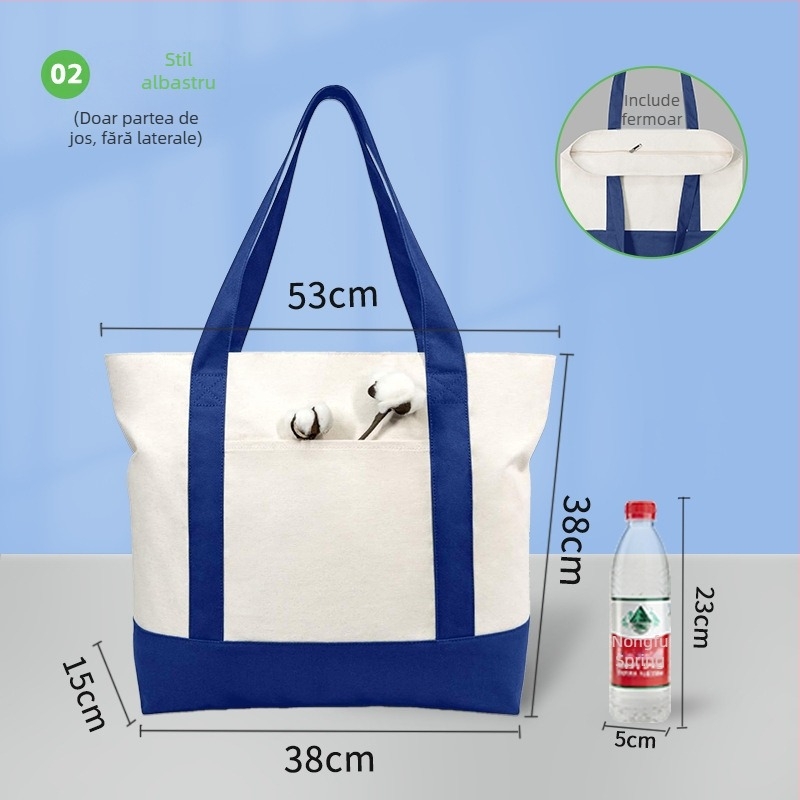 Geantă din pânză albă, în stoc, personalizabilă pentru mâner și umăr, imprimare a logo-ului pentru promovare.