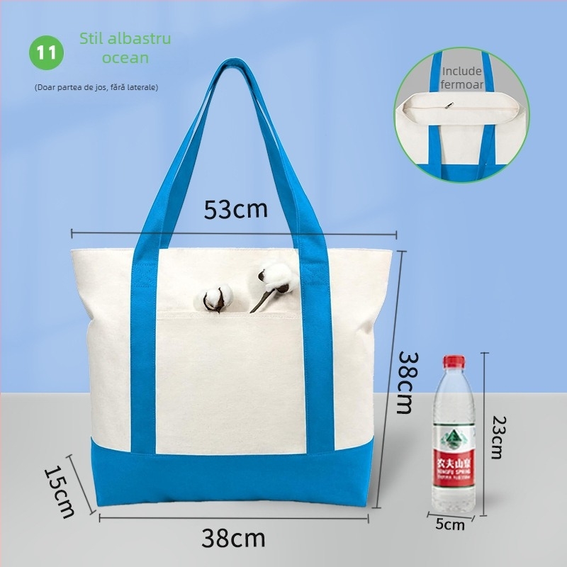 Geantă din pânză albă, în stoc, personalizabilă pentru mâner și umăr, imprimare a logo-ului pentru promovare.