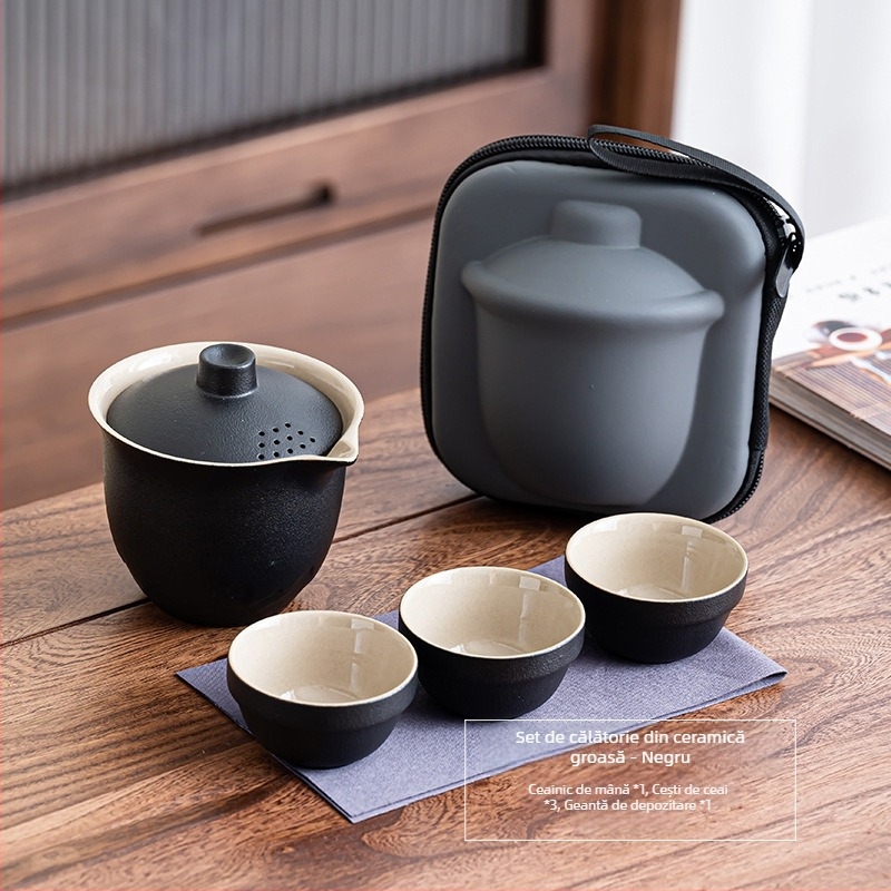 Set portabil de ceai din ceramică, cu o ceainică și trei cești – set exterior cu vas cu capac