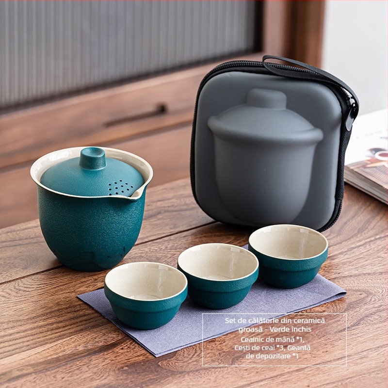 Set portabil de ceai din ceramică, cu o ceainică și trei cești – set exterior cu vas cu capac