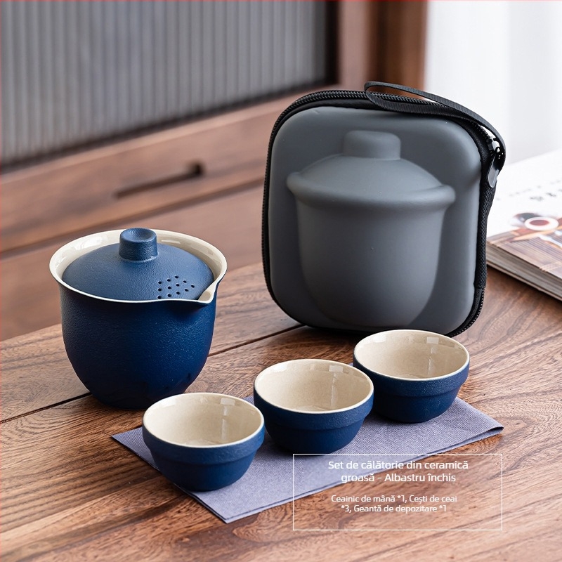 Set portabil de ceai din ceramică, cu o ceainică și trei cești – set exterior cu vas cu capac