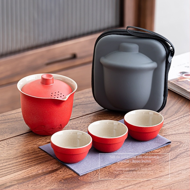 Set portabil de ceai din ceramică, cu o ceainică și trei cești – set exterior cu vas cu capac