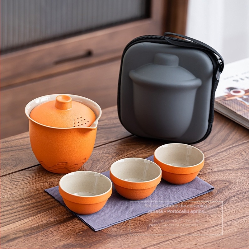 Set portabil de ceai din ceramică, cu o ceainică și trei cești – set exterior cu vas cu capac