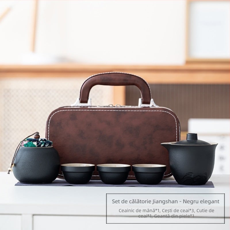 Set portabil de ceai din ceramică, cu o ceainică și trei cești – set exterior cu vas cu capac