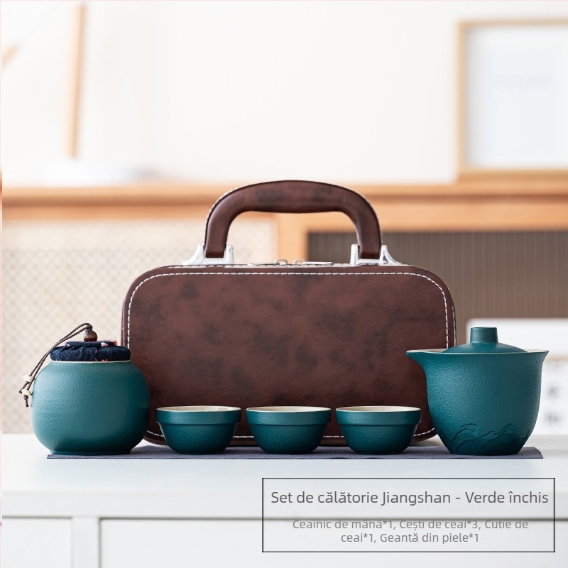 Set portabil de ceai din ceramică, cu o ceainică și trei cești – set exterior cu vas cu capac