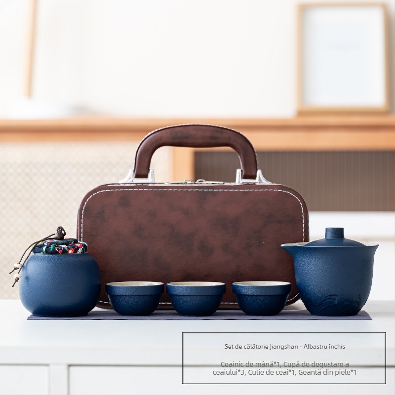 Set portabil de ceai din ceramică, cu o ceainică și trei cești – set exterior cu vas cu capac