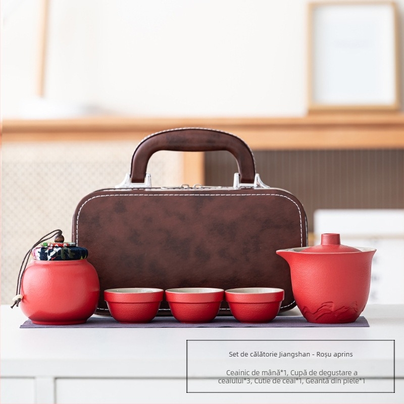 Set portabil de ceai din ceramică, cu o ceainică și trei cești – set exterior cu vas cu capac