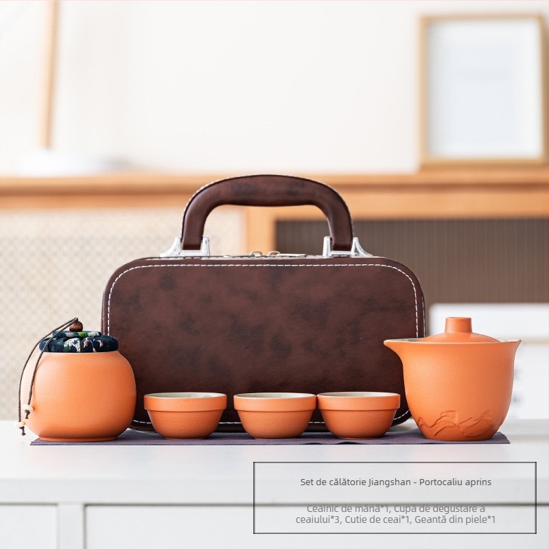 Set portabil de ceai din ceramică, cu o ceainică și trei cești – set exterior cu vas cu capac